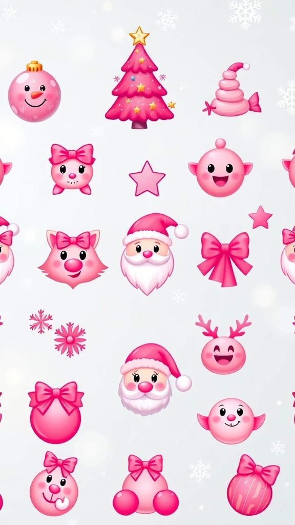 Cute Pink Christmas Emojis for iOS 18 Cute pink Christmas emojis including a tree, Santa, snowflake, and gift on a festive background.